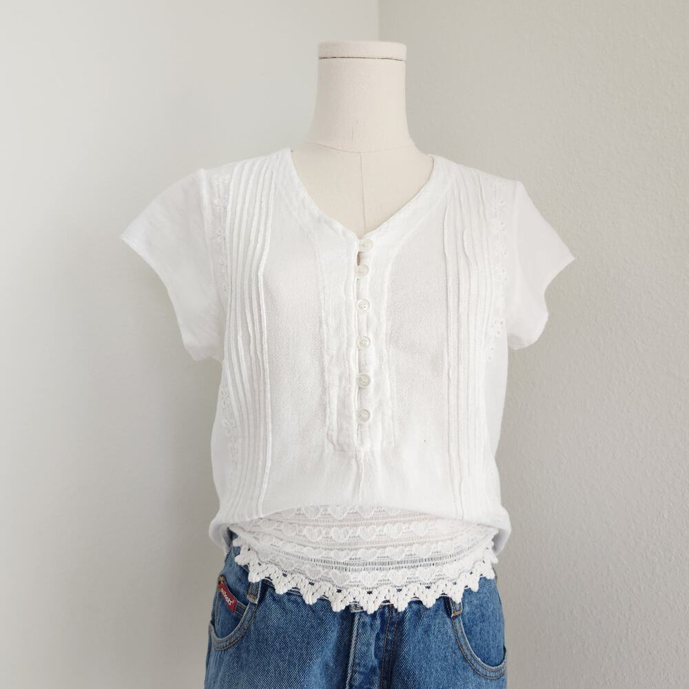 Vintage 90s White Cotton Tunic Blouse Crochet Heart Trim Cottagecore Boho XS S - Picture 2 of 6